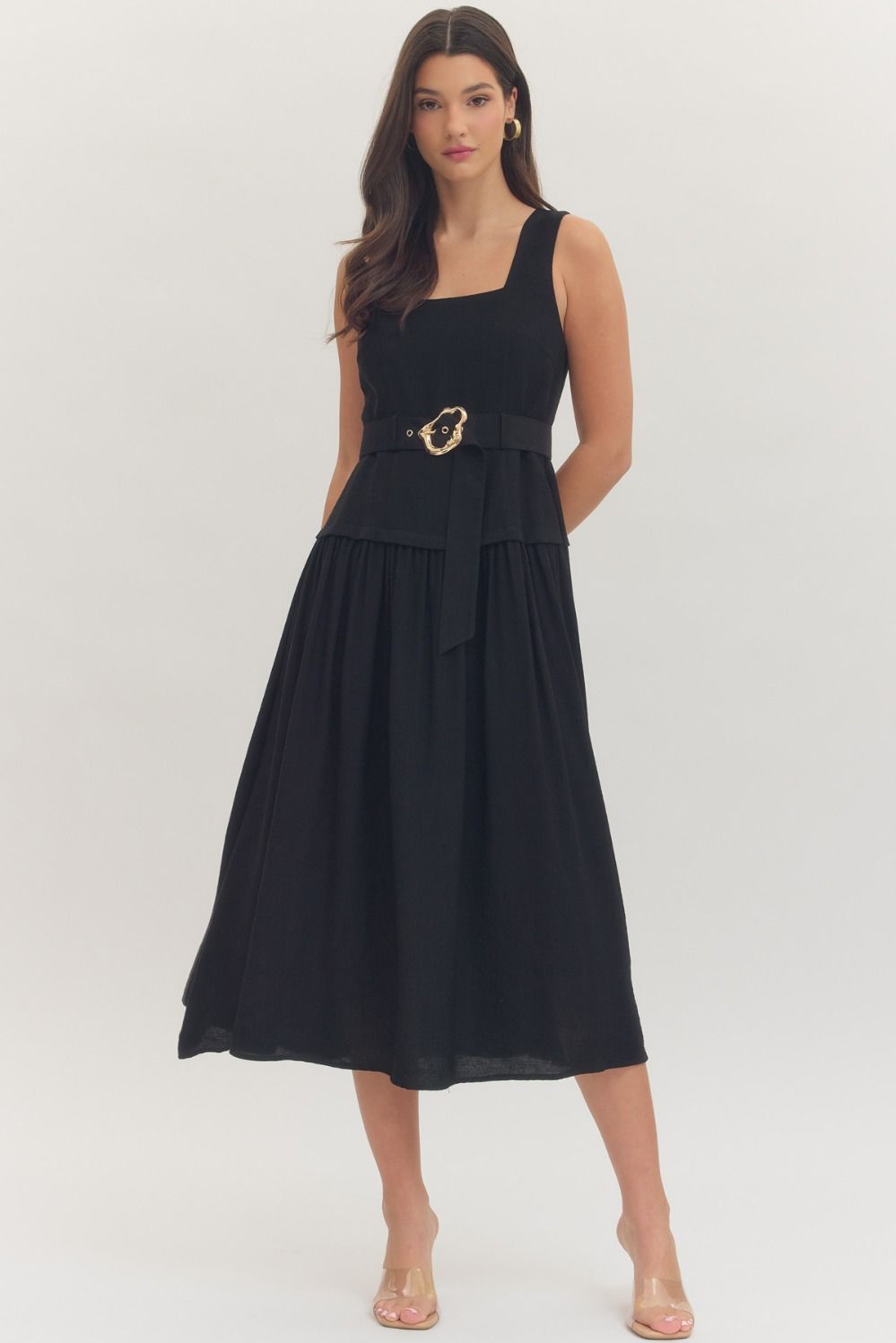 Gold Buckle Black Dress – Linen & Waves