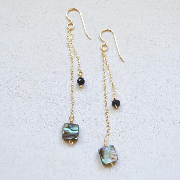 Abalone and Onyx Gold Chain Earrings