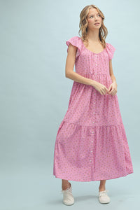 Floral Button-Up Midi Dress in Punch