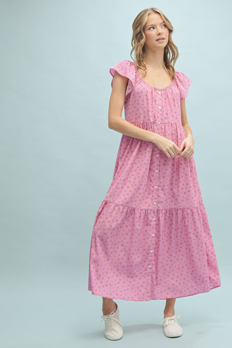Floral Button-Up Midi Dress in Punch