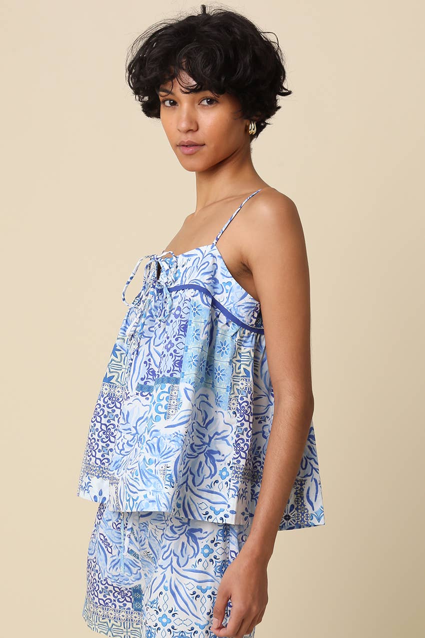 Amari Blue Print Tie Cami Top