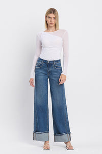 High Rise Cuffed Wide Jeans in Dark Denim