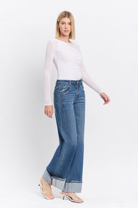 High Rise Cuffed Wide Jeans in Dark Denim