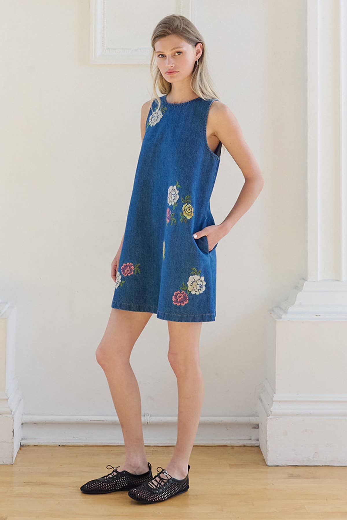 Floral Embroidered Denim Dress