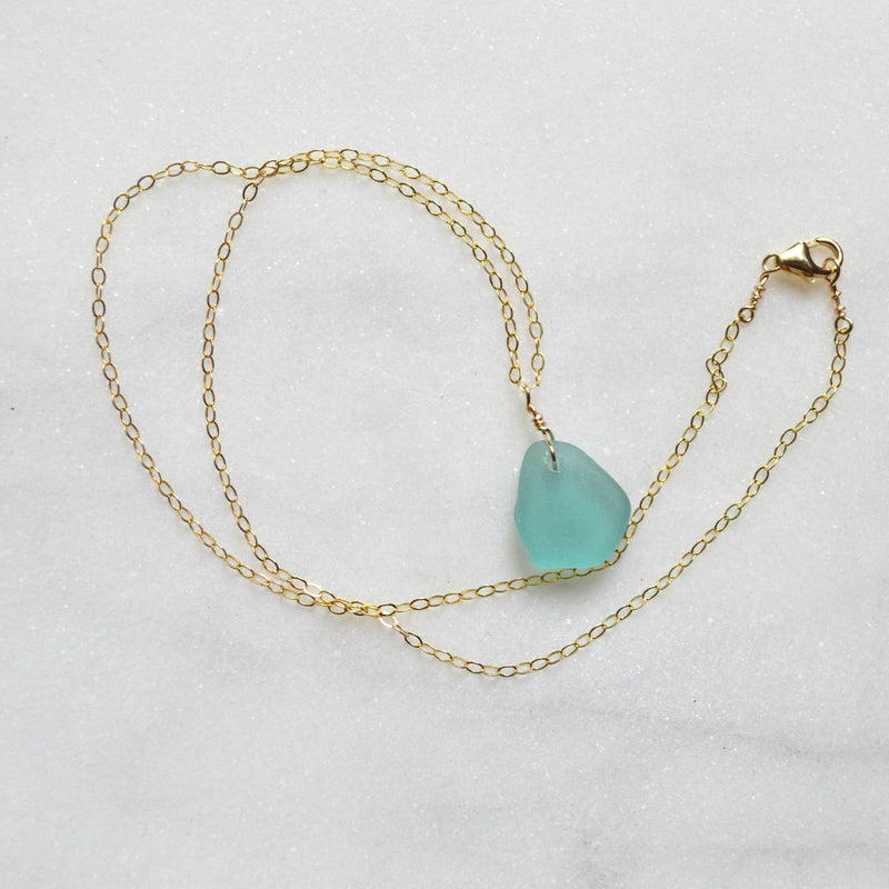Mini Aqua Sea Glass Gold Necklace