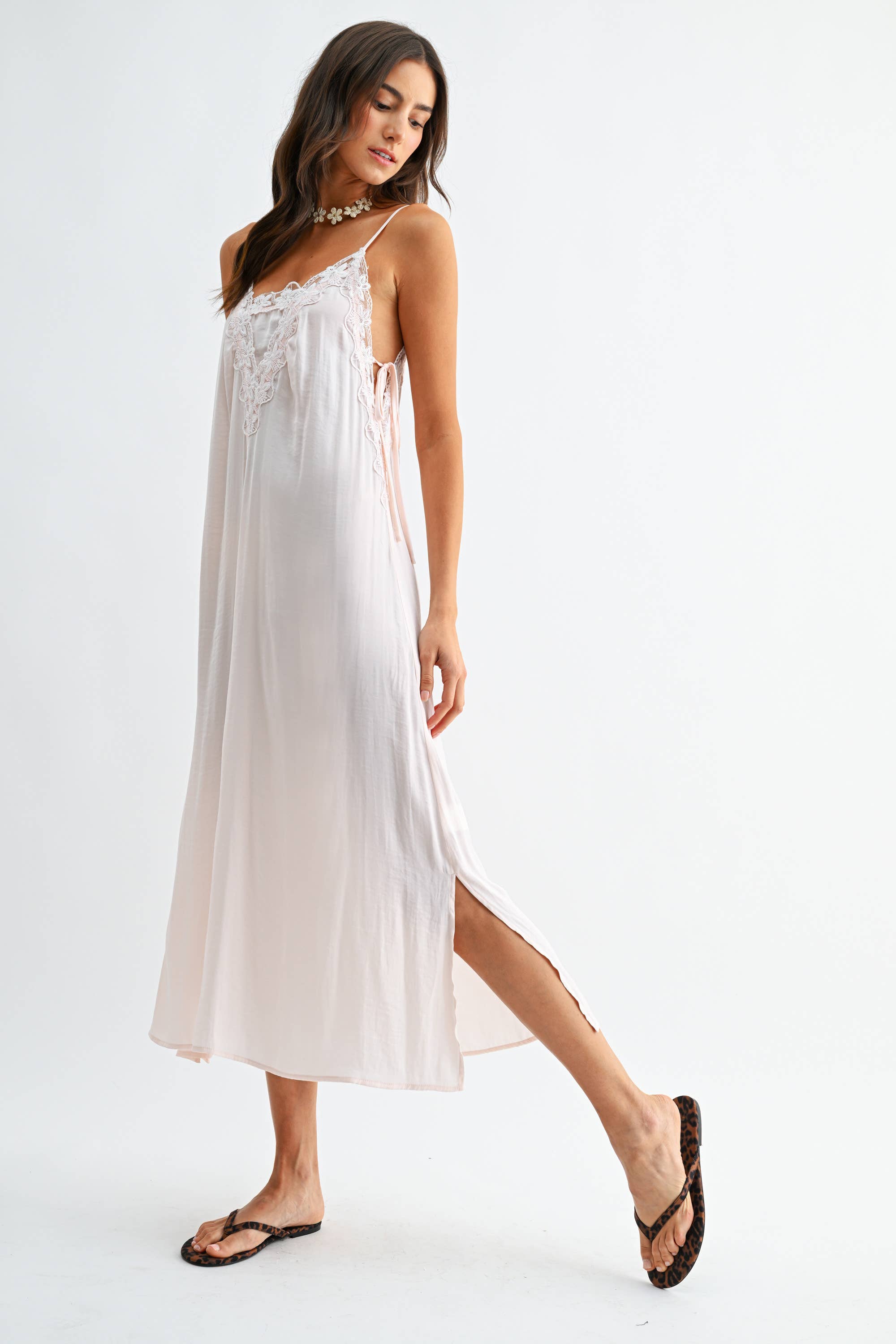 Lace-Trimmed Silky Maxi Dress