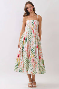 Botanical Pleated Detail Midi Dress