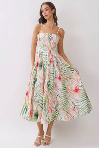 Botanical Pleated Detail Midi Dress