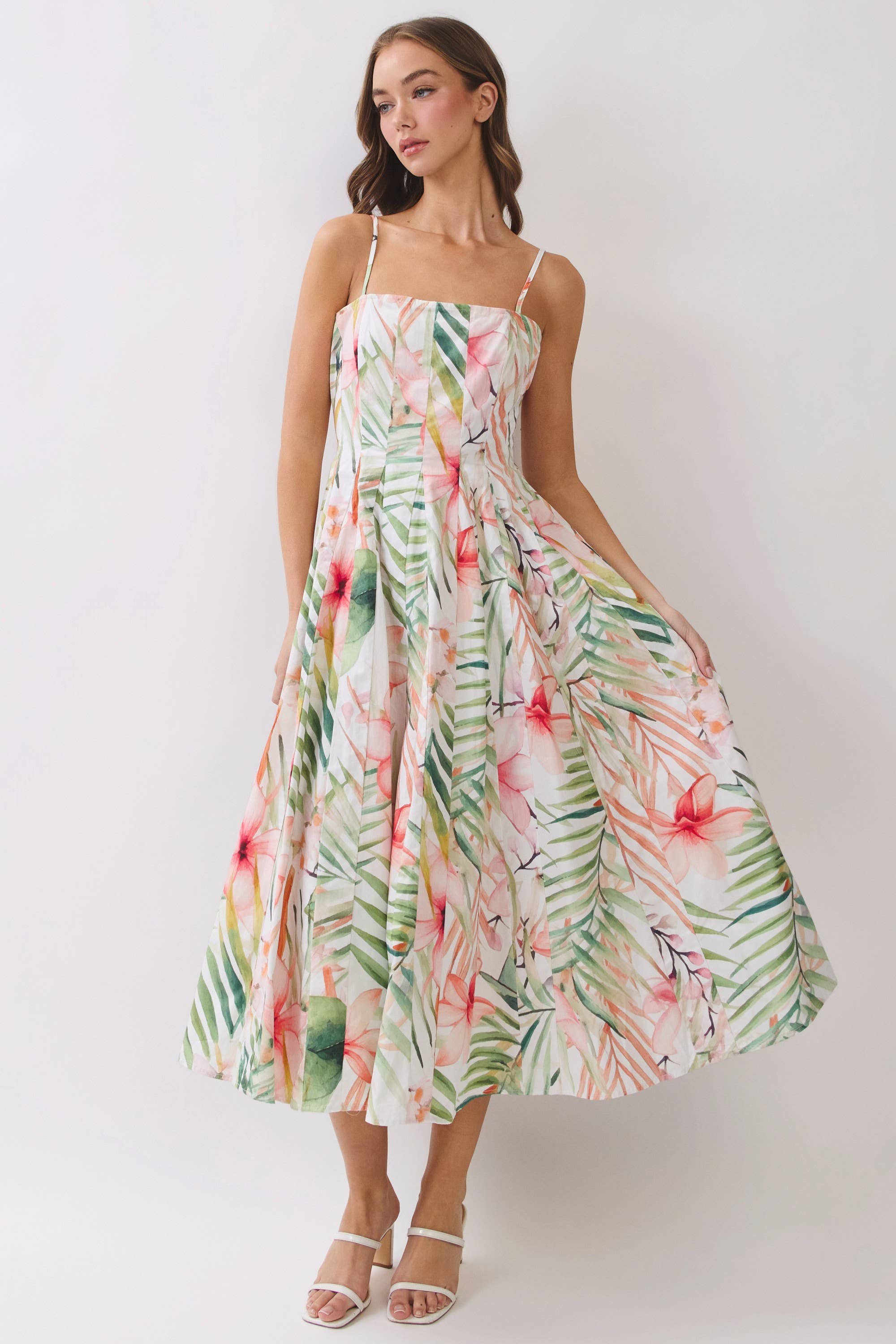 Botanical Pleated Detail Midi Dress