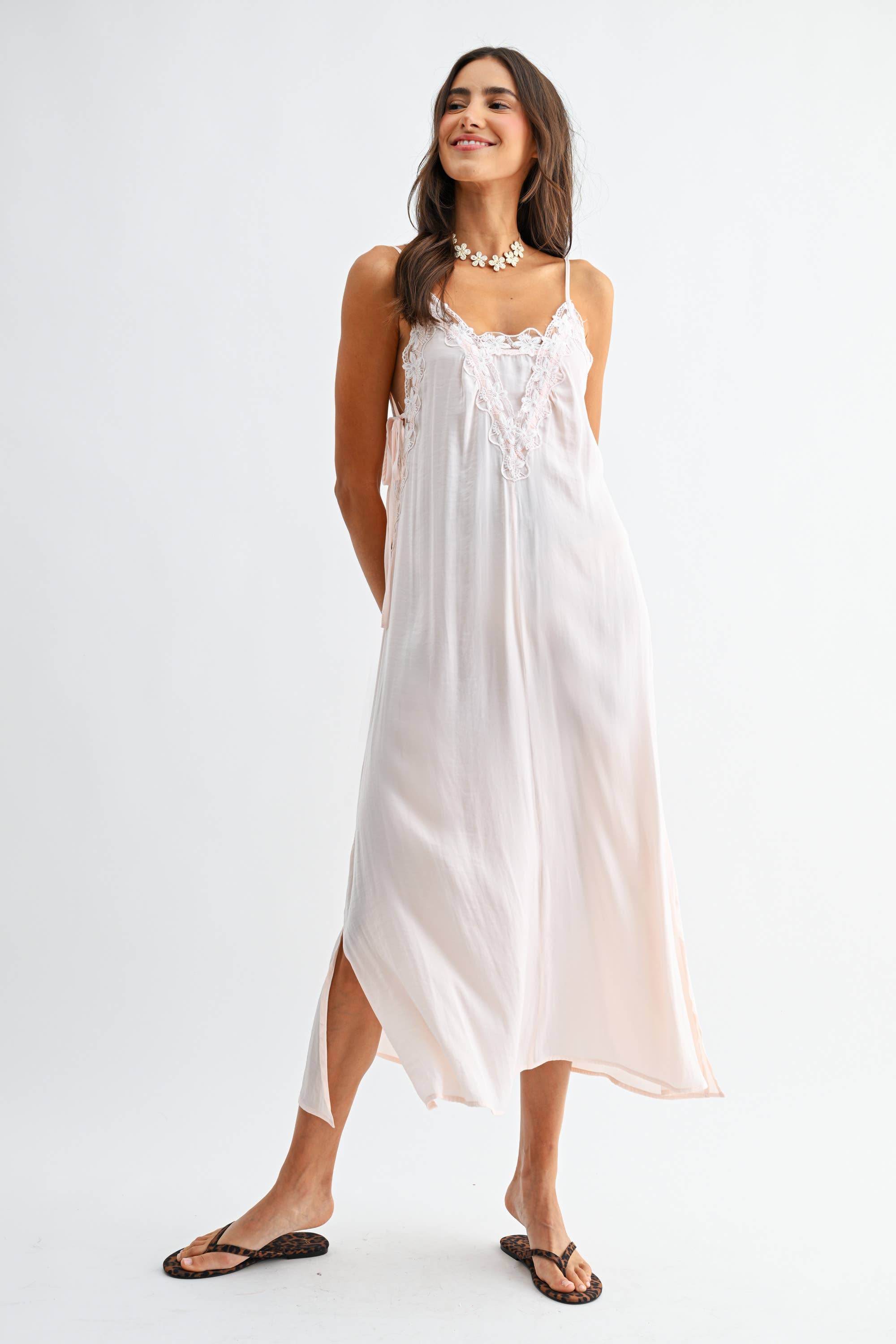 Lace-Trimmed Silky Maxi Dress
