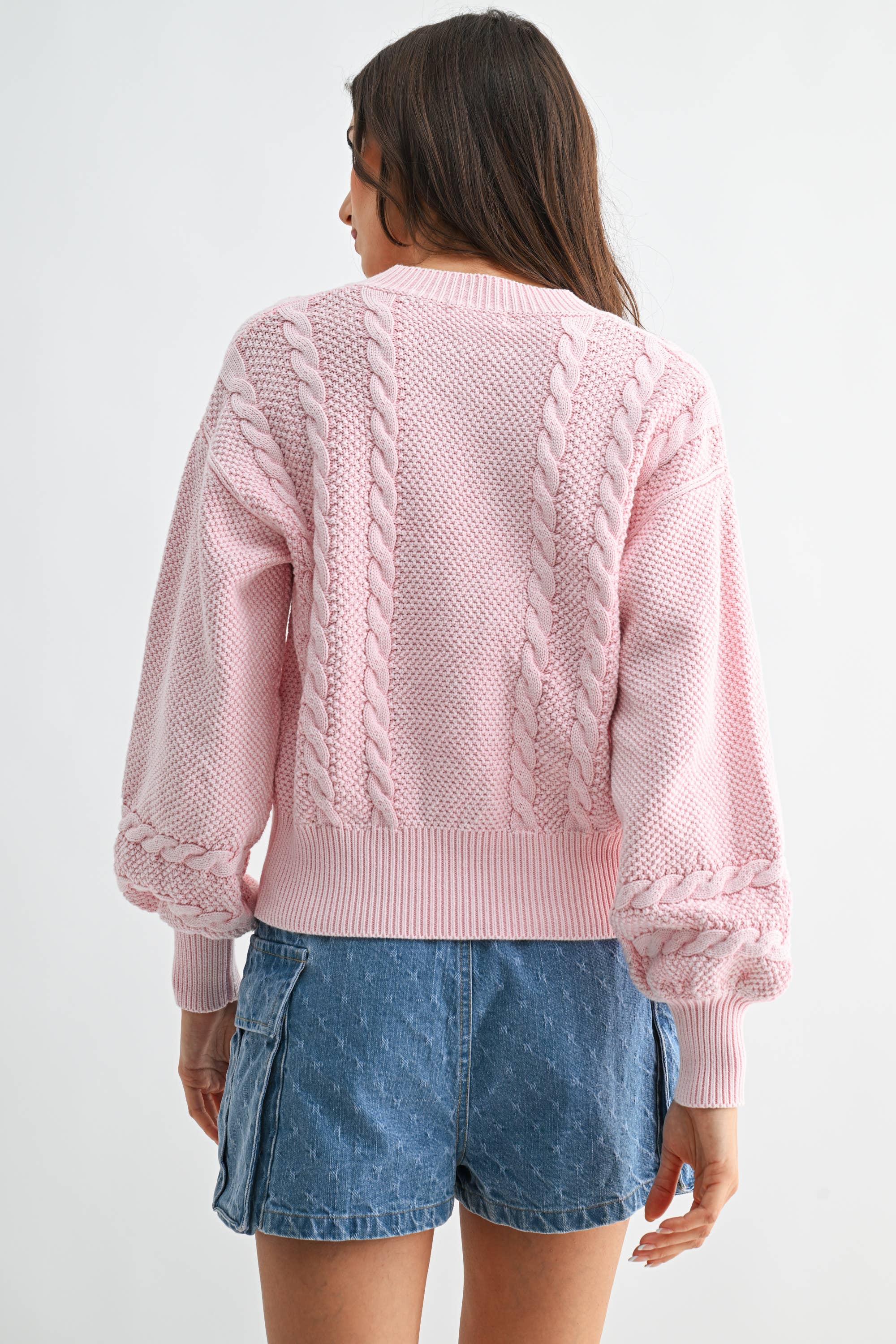 Washed Pink Cable Knit Cardigan