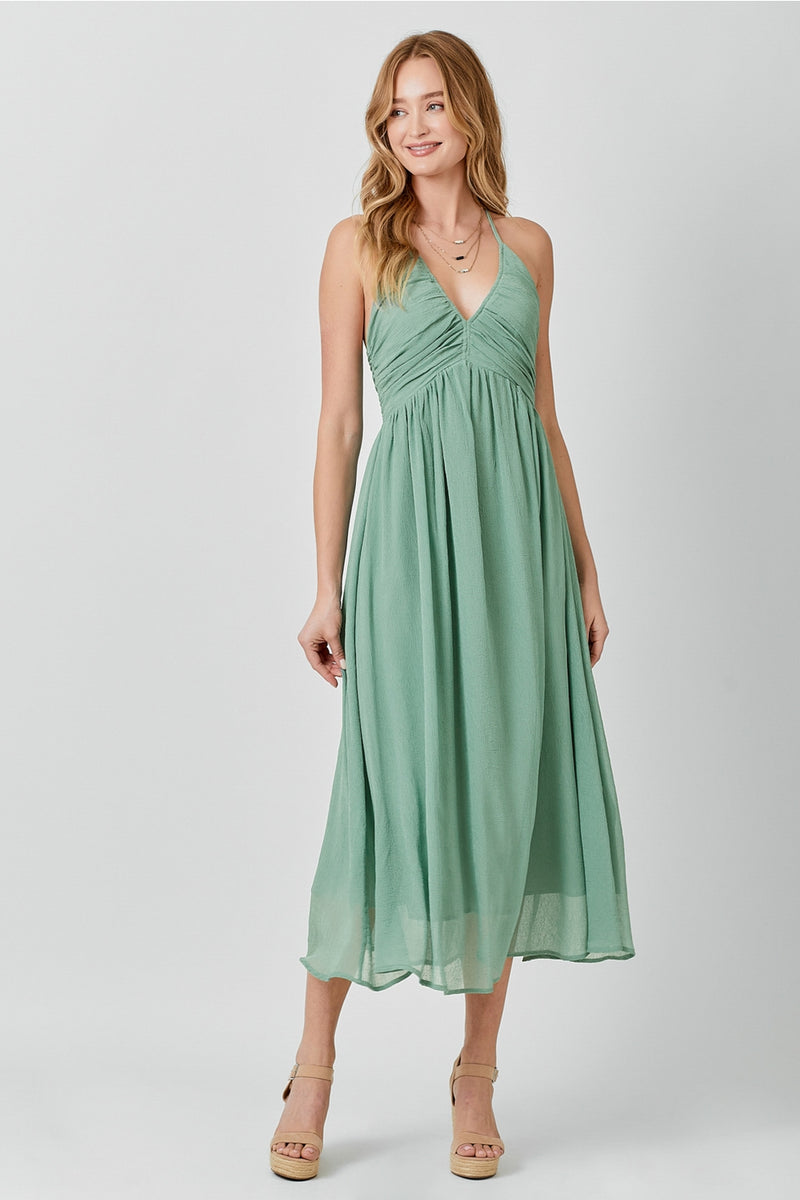 Sage Cross Back Pleat Dress