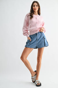 Washed Pink Cable Knit Cardigan