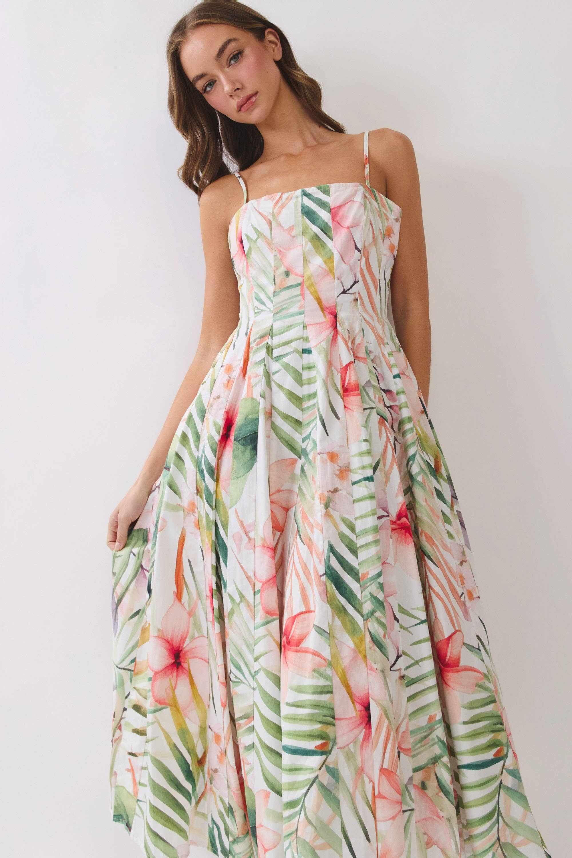Botanical Pleated Detail Midi Dress