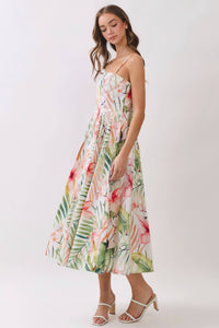 Botanical Pleated Detail Midi Dress
