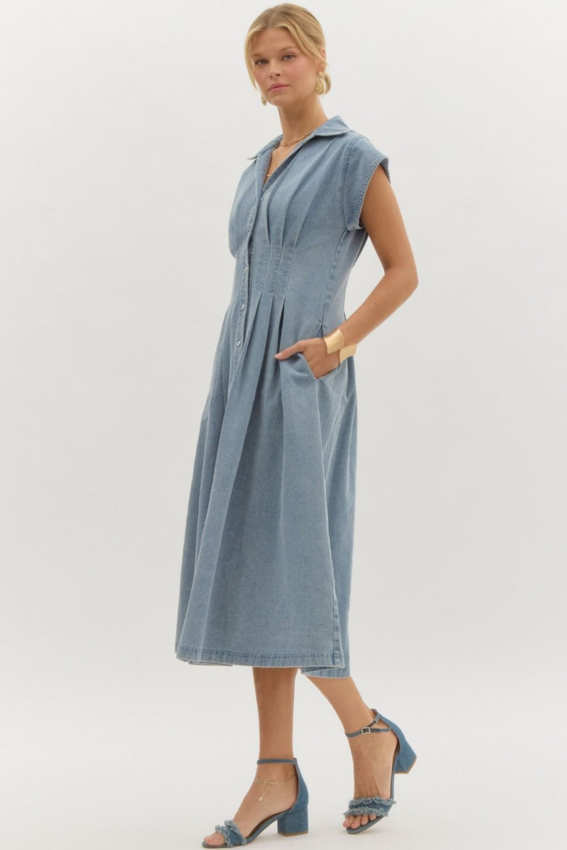 Light Denim Pintuck Midi Dress