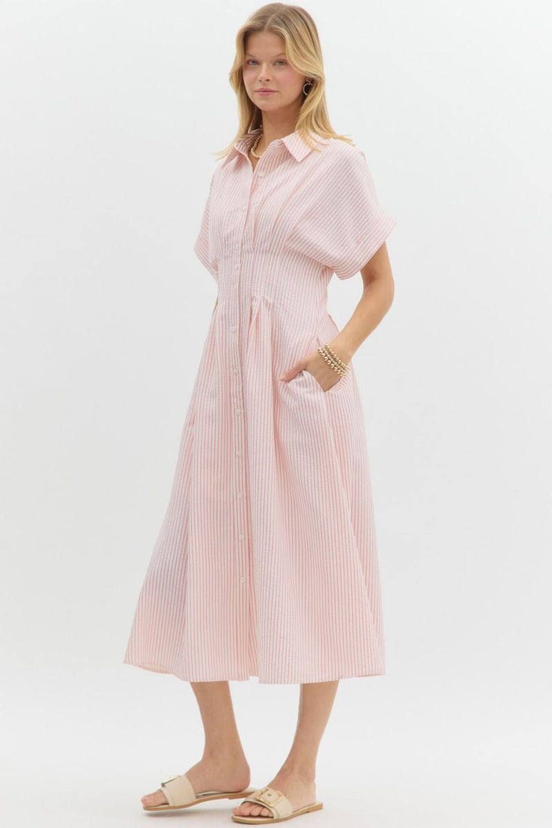 Pink Stripe Pintuck Midi Dress