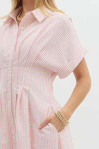 Pink Stripe Pintuck Midi Dress