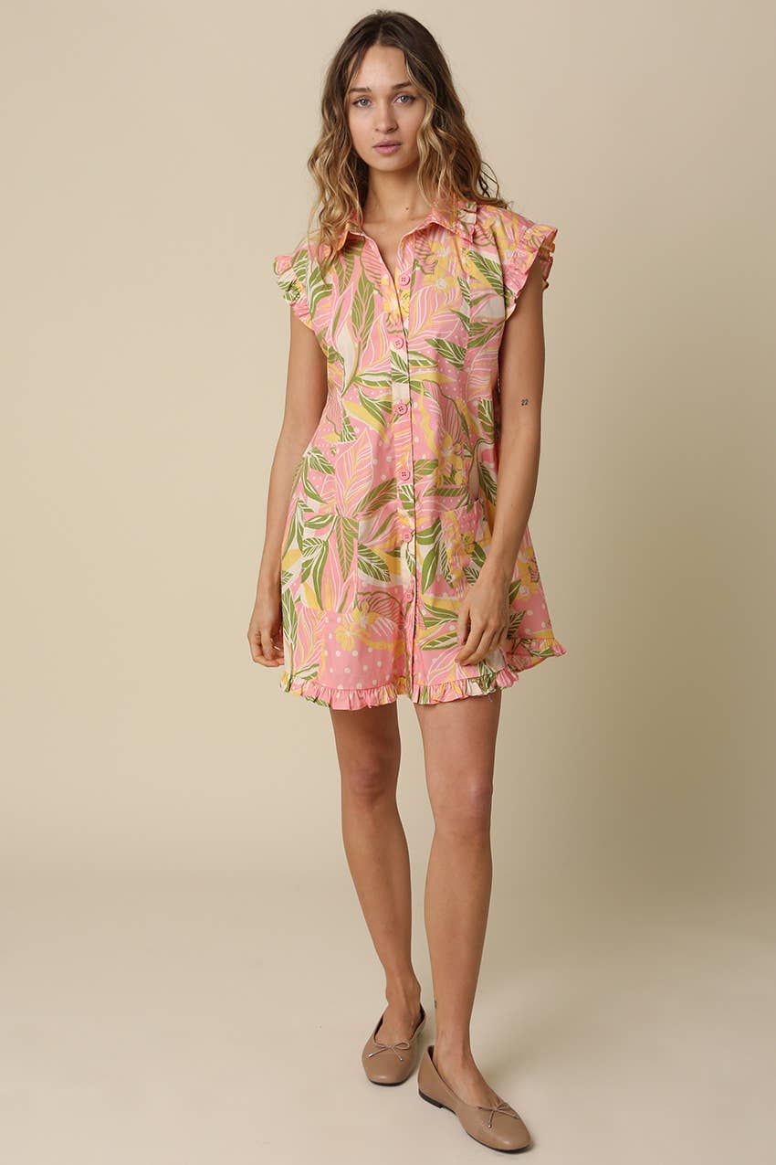 Nicole Tropical Ruffle Hem Shirt Dress
