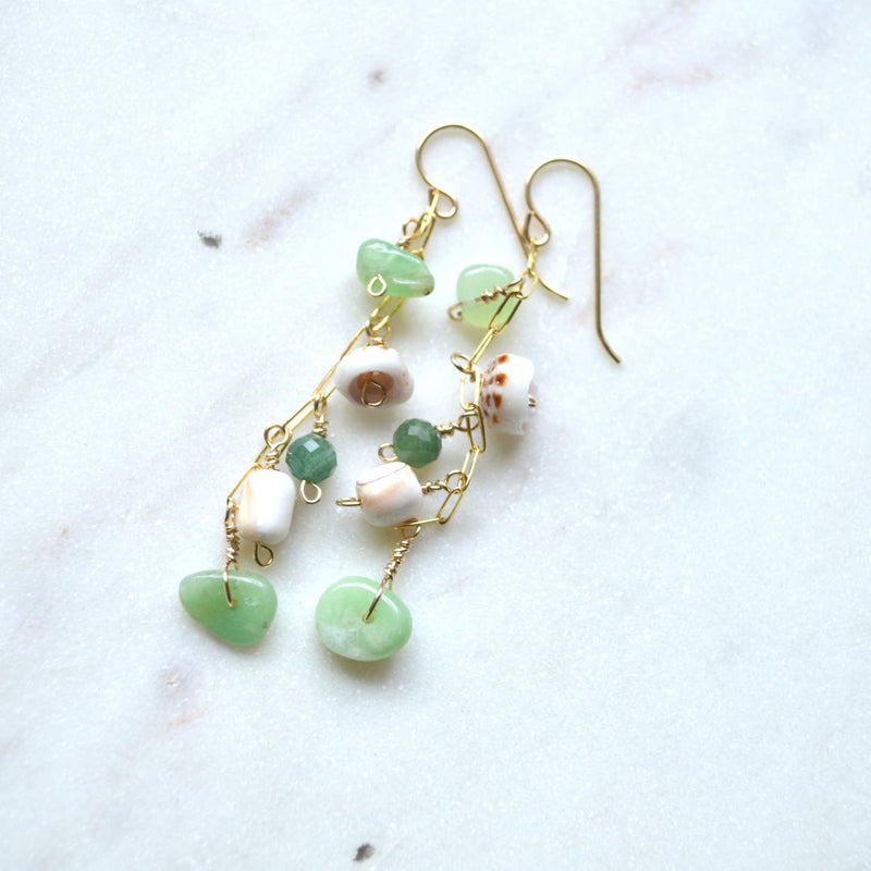 Puka Shell & Green Gemstone Earrings